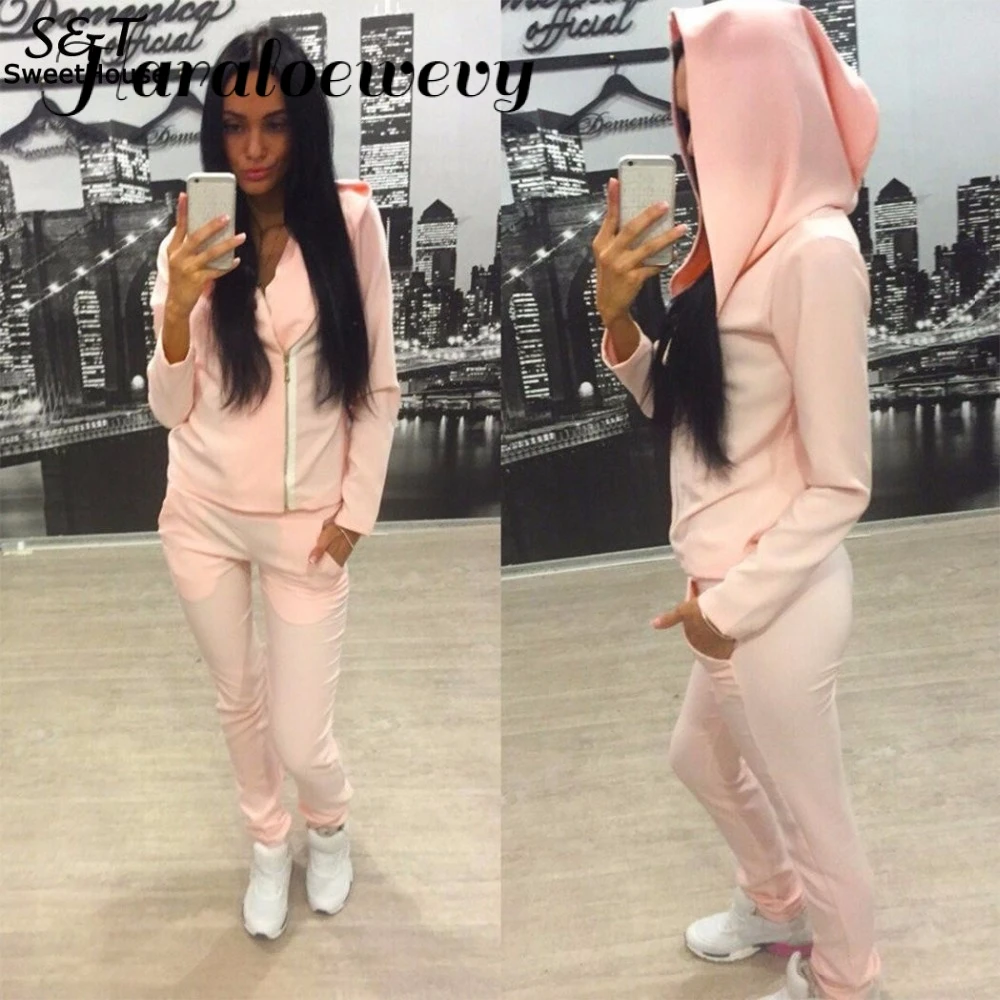

2019 Tracksuit Women Hooded Zipper Cardigan Tracksuit Women Solid Sport Suits Long Sleeve Jogging Femme Drawstring Long Pants