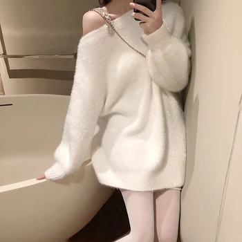 

2020 new spring Women's Sweaters Autumn Diamond Leaky Shoulder Sexy Loose White Knitted Shirt Loose Knitwear pullove SW15