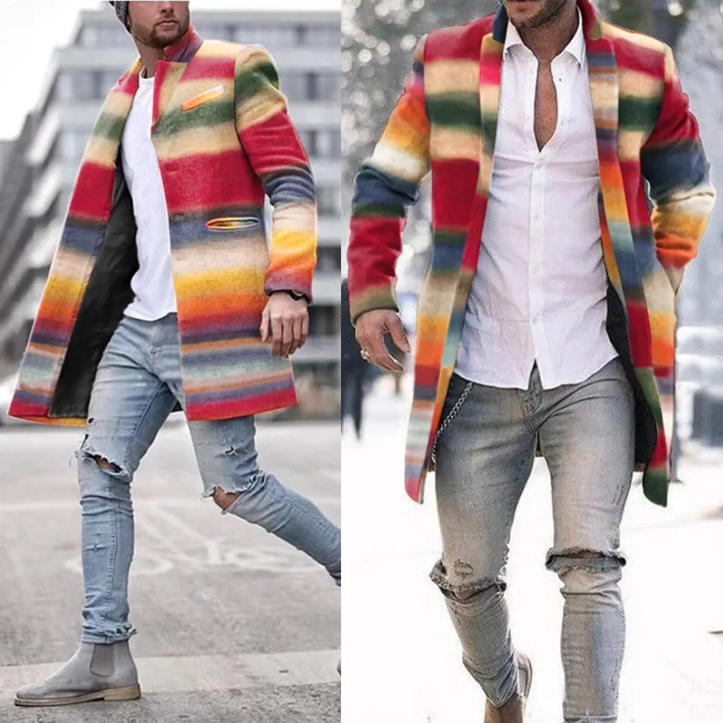 Winter Wool Coat Men Leisure пальто мужское мужское пальто Seven-color Rainbow Stripes Slim Wool Fashion Men's Jackets Casaco#G2 Winter Wool Coat Men Leisure пальто мужское мужское пальто Seven-color Rainbow Stripes Slim Wool Fashion Men's Jackets Casaco#G2