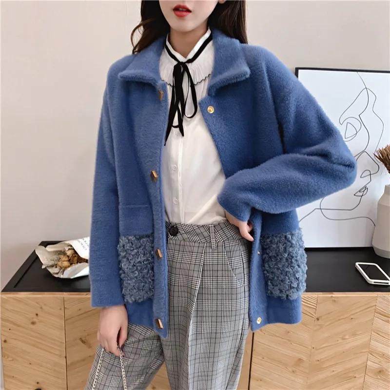 2019 пальто из искусственного меха норки с большим меховым воротником Женское