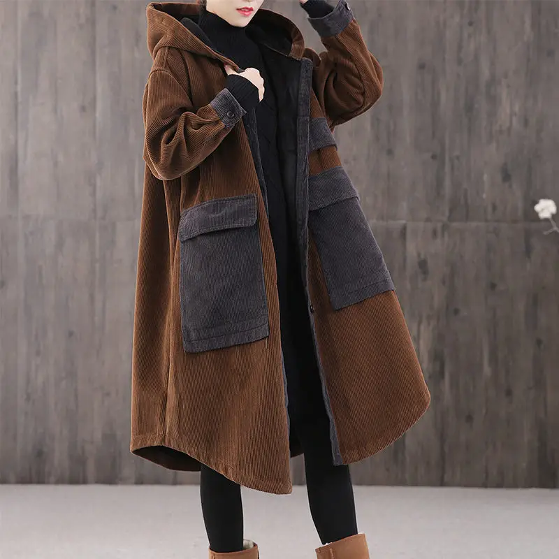 

Corduroy Jacket Big Pocket Plus Cotton Thick Hooded Padded Coat Women's Autumn And Winter Loose Large Size Long Cloak Parka y950