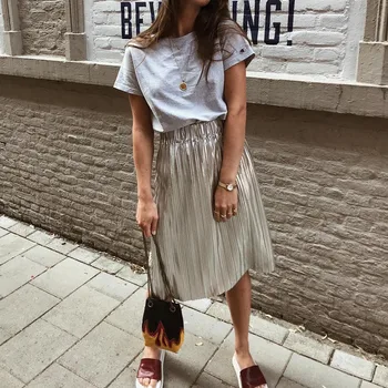 

Women Pleated Skirt New 2018 Fashion Metallic Luster Sequined Elastic Waist Jupe Femme