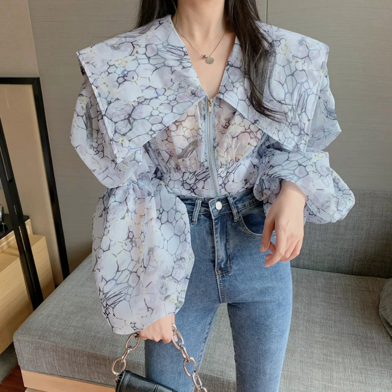 

Womens jackets Zipper New Korean version Style Printed Jacket Women's Loose Large Lapel Lantern Long Sleeve Women Top 013E
