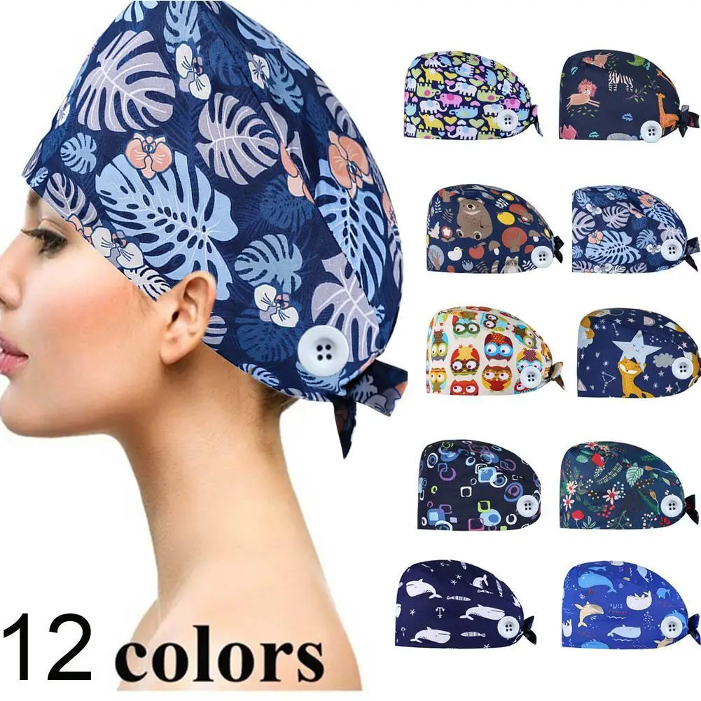 

High Quality Cartoon printing caps scrubs caps adjustable caps working Scrubs store Multicolor spa cotton hat Elastic pet u B5Y2