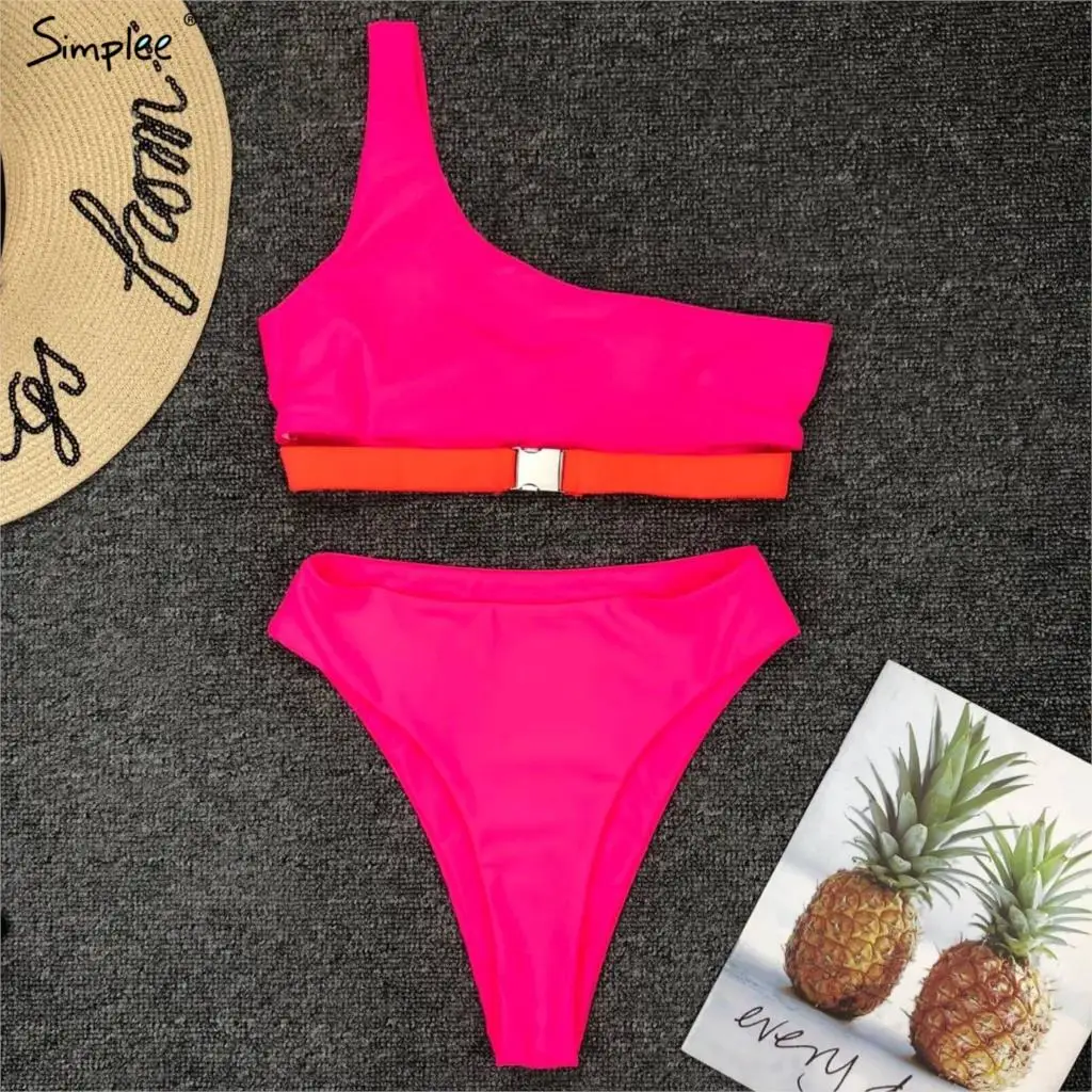 

Simplee One shoulder bikinis 2019 mujer High waist buckle swimsuit push up Sexy swimwear women bathing suit Summer beachwear