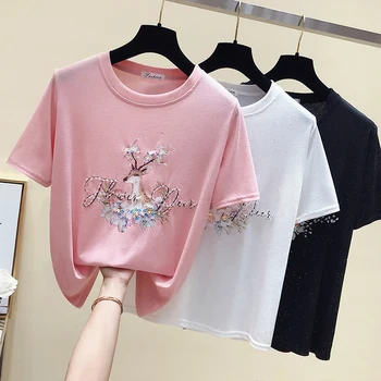 

2020 Summer Fashion Ice Knit T Shirt Women's Slim Short-sleeved Sika Deer Print Beaded Knitted T-shirt Female Bottom Shirt Tops
