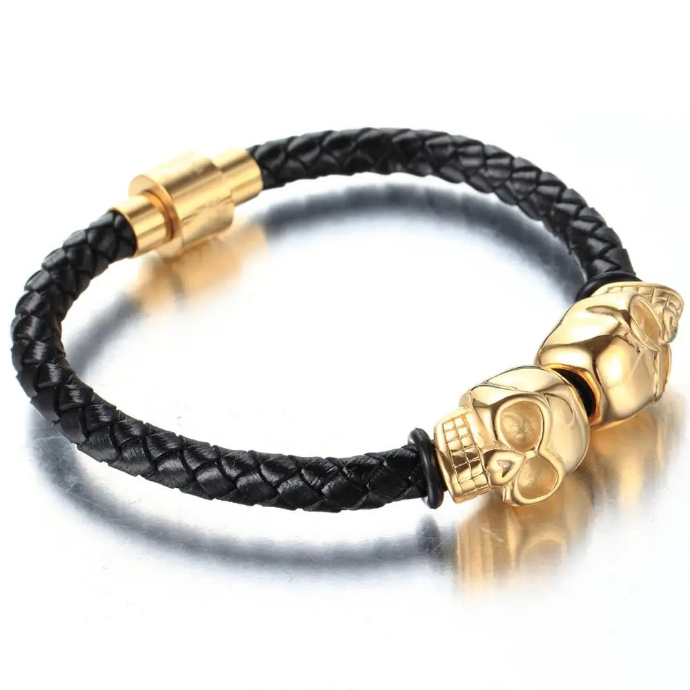 Hyperbole мужские ювелирные изделия черные из натуральной кожи Плетеные мужские кожаные браслеты из нержавеющей стали крутые браслеты с черепом подарок для мужчин
