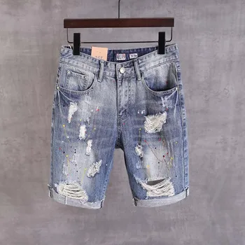 

Mcikkny Hip Hop Men's Summer Ripped Short Jeans Dot Printed Deim Shorts For Male Washed Size 28-36
