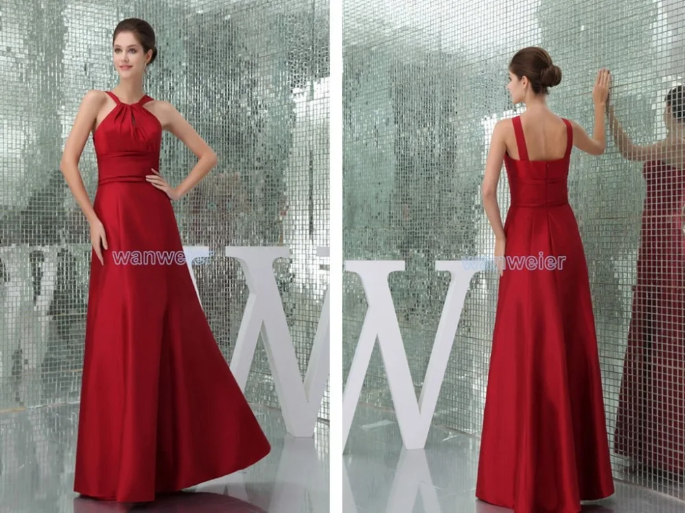 

free shipping 2015 new design hot sale formal gowns vestido de festa longo halter red satin long robe de soiree evening dress
