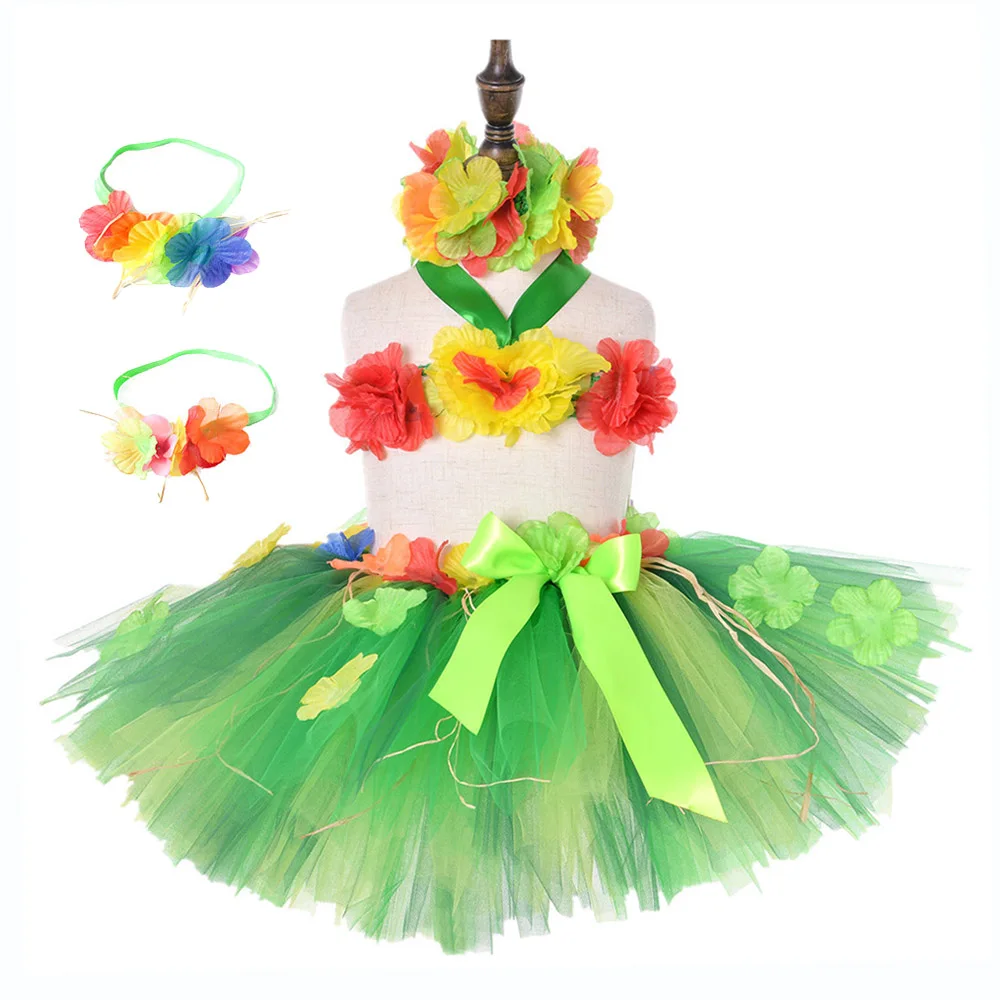 Green Baby Girls Princess Flower Skirt Kawaii Knee Length Tulle Skirt Girls Hawaiian Party Tutu Skirt Set Skirt and Top Headwear (1)