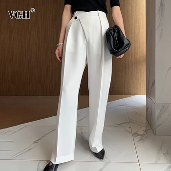 

VGH Elegant Wide Leg Pants For Women High Waist Button Pleated Slim Straight Long Trousers Female Fashion Clothing 2020 Spring