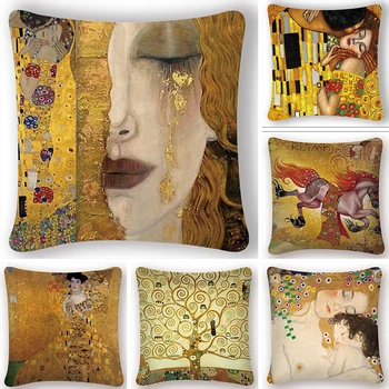Gustav Klimt Oil Painting Cushion Cover Gold Pattern Print Pillow Case Vintage Decorative Pillow Cover Home