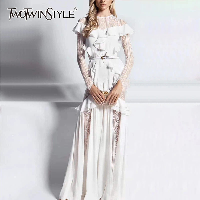 TWOTWINSTYLE Elegant Patchwork Ruffles Irregular Dresses Female O Neck Long Sleeve High Waist Women's Dress Fashion Clothing New