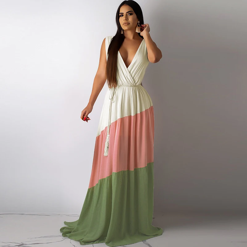 

Women Sleeveless Maxi Dress Color Block Deep V Neck High Waist With Fringed Belt Boho Holiday Long Dress Robe Female vestidos