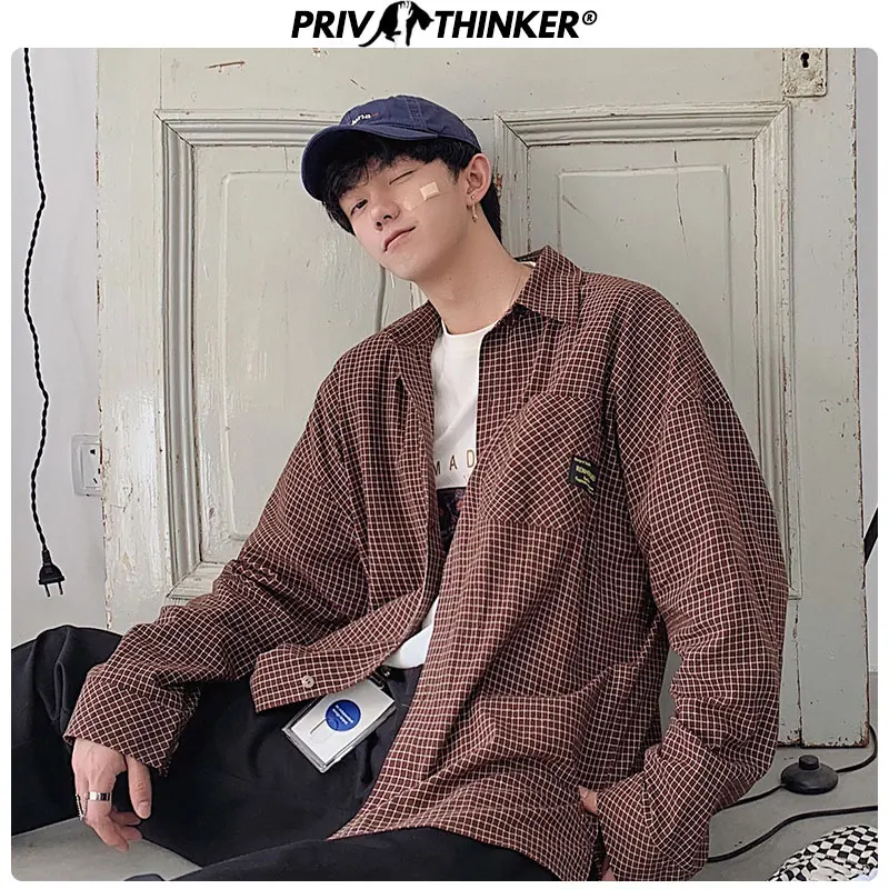 Privathinker мужская клетчатая уличная Корейская Повседневная рубашка Мужская