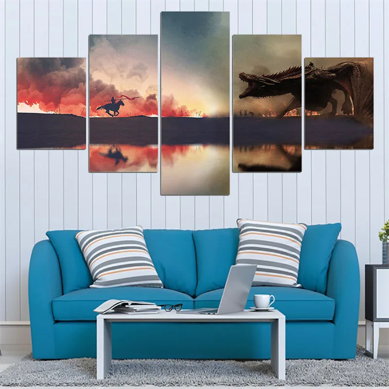 5 Pieces Canvas Painting Game Thrones Dragon Spitfire Picture Wall Pictures for Living Room Posters and Prints Home Decor (4)