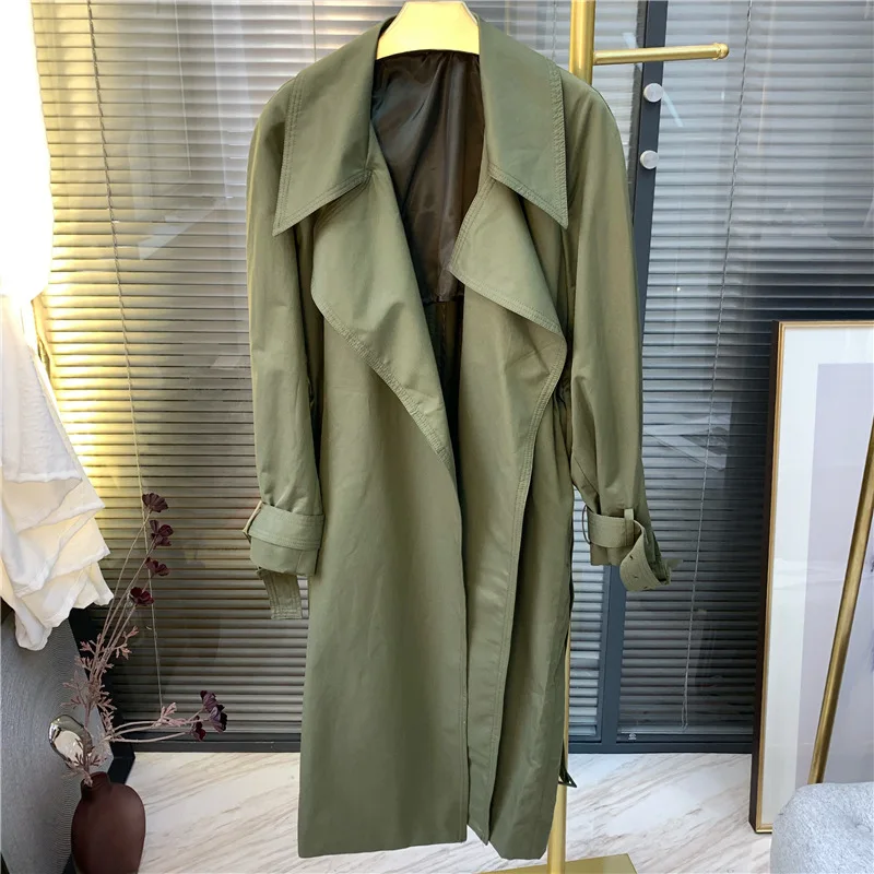 

Women Loose Solid Color Long Coat Turn-down Collar Windbreaker Autumn Winter Outwear with Sashes