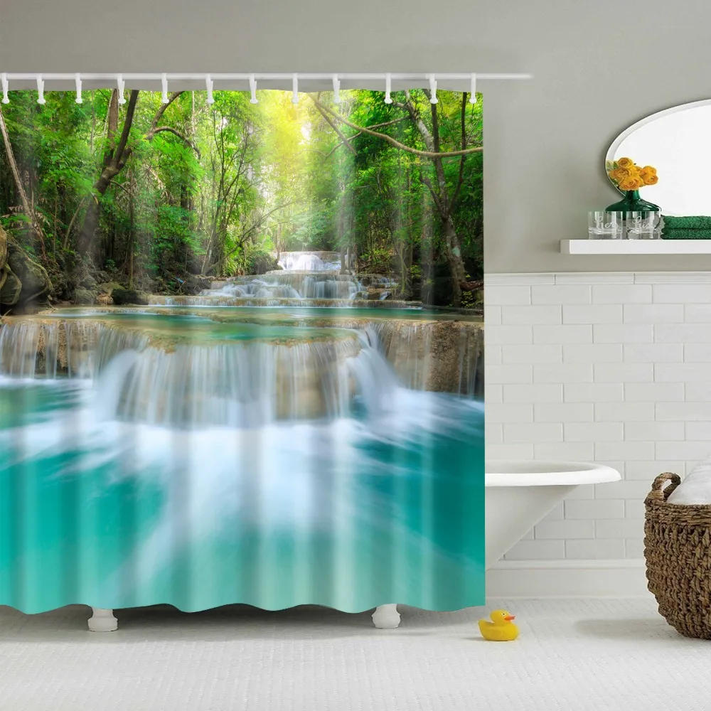 $10.92 Landscape Creek Bamboo Stone Shower Curtains Bathroom Curtains Frabic Waterproof Mildewproof Polyester Bath Curtain 180X180cm