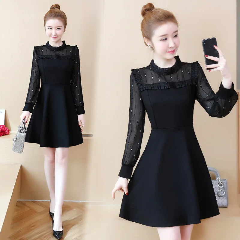 Весенне-осенний стиль, тонкие, обтягивающие, марлевые, черные и белые, с рисунком, модные, средней длины, с длинными рукавами