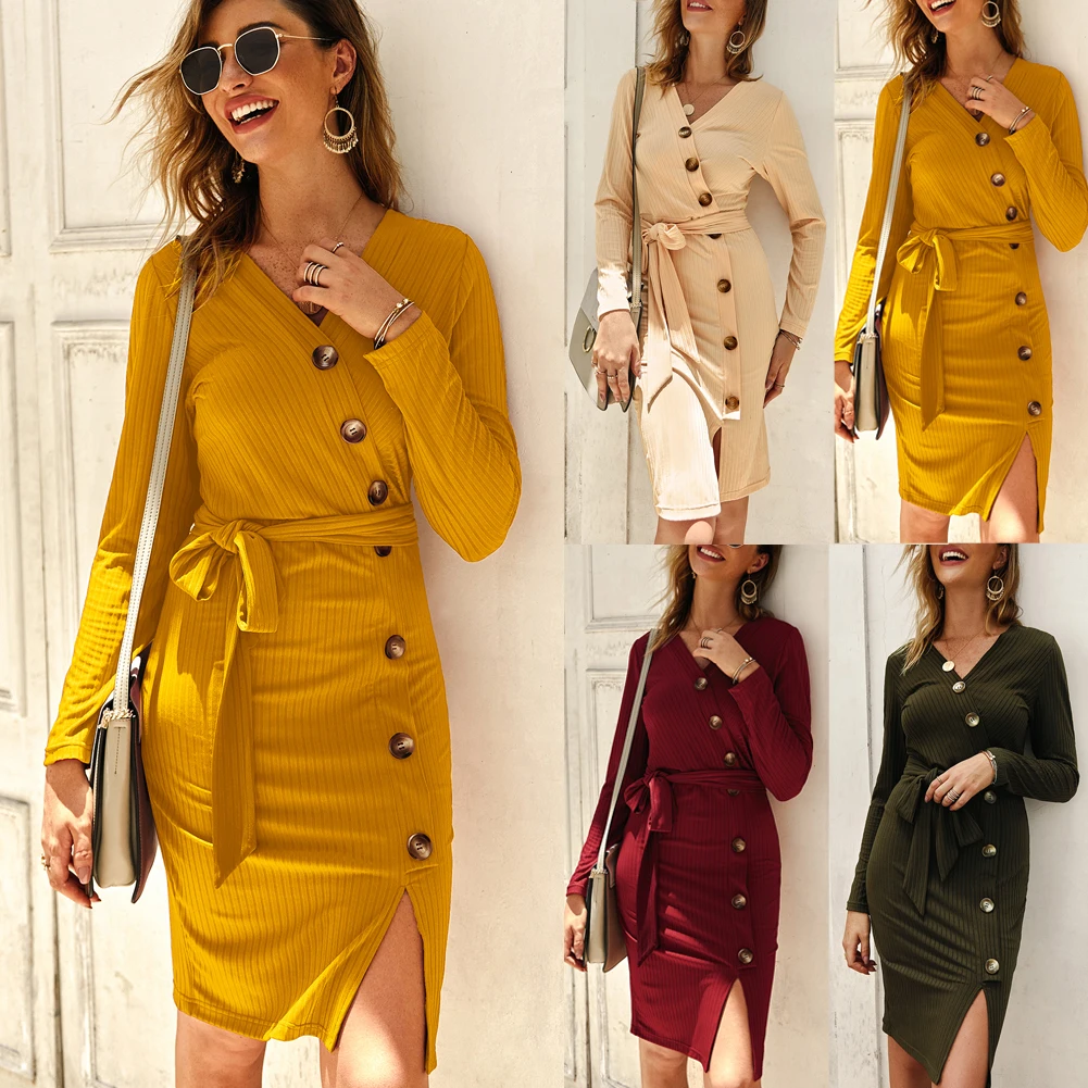 

Hirigin Women Casual Sweater Dress Long Sleeve Knitted Knitwear Autumn Hot Bodycon