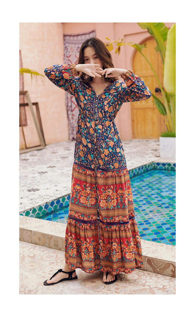 Turkey Bohemian Printed Long Sleeve Exotic Holiday Dress Women's Spring And Autumn Thailand Nation feng zhang Skirt