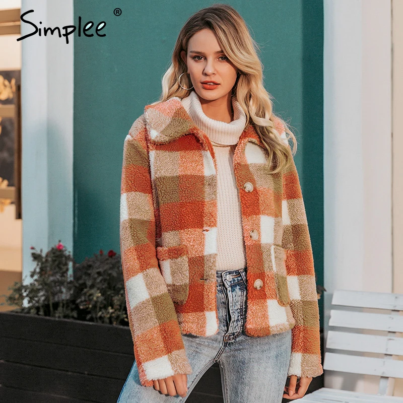 Simplee повседневные клетчатые куртки из овечьей шерсти женские модные пуговицы