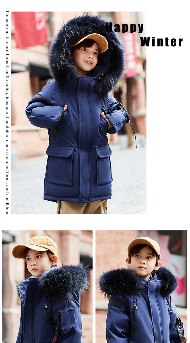Зимняя куртка для мальчиков, пуховое пальто модная детская парка высокого качества для подростков детская одежда с капюшоном и богатым мехом черный, синий, серый