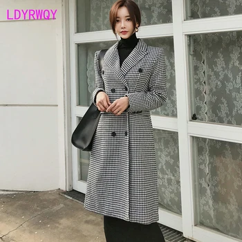 

2019 winter new Korean temperament double-breasted Slim Houndstooth woolen coat Full Regular Double Breasted
