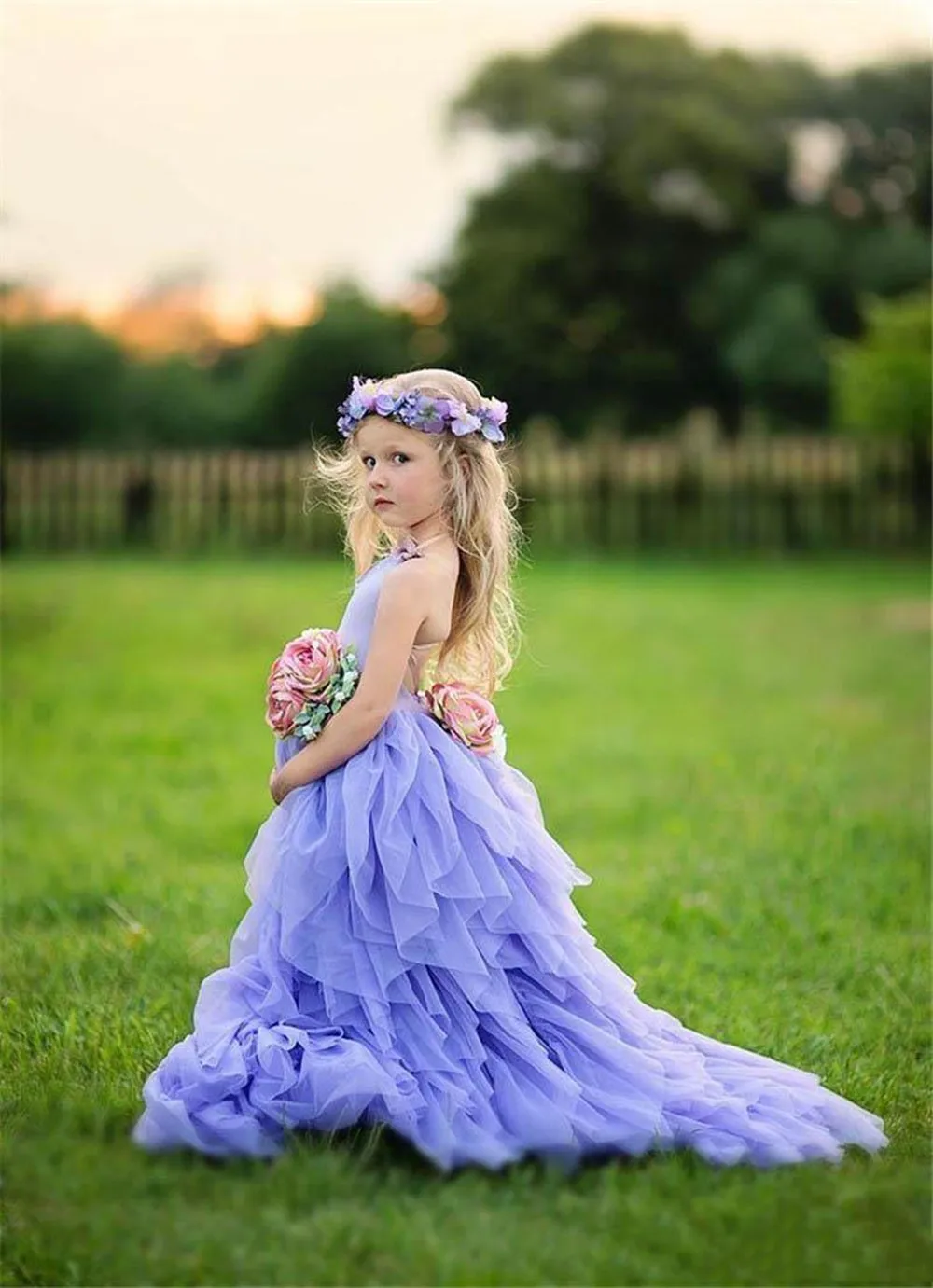 Custom Made Lavender Halter Girls Pageant Gowns Tulle Tiered Long