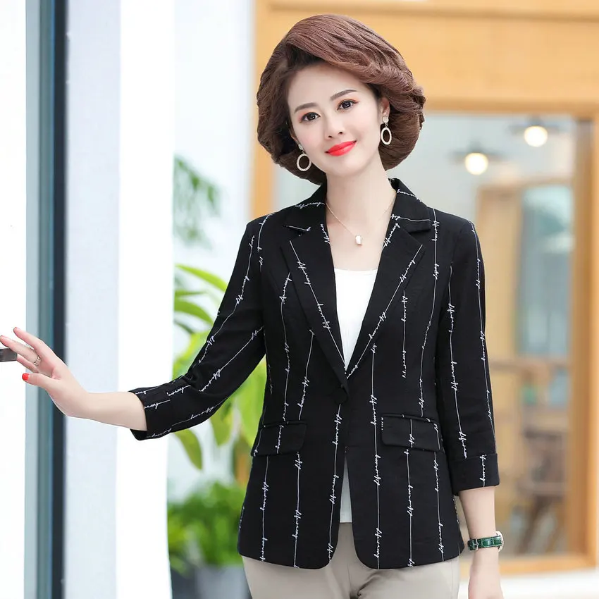 Mature Women Black Slim Fit Blazer Autumn Spring Three Quarter Sleeve Notched Collar Jacket Suit Middle Aged Woman Blazers XXXXL