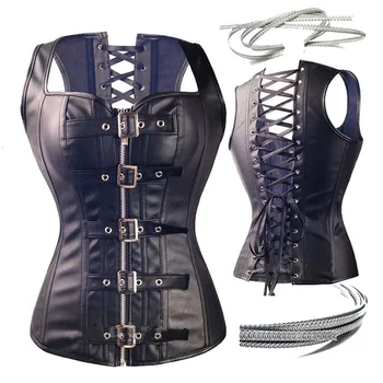 

New Steampunk Lace Up Back Waist Trainer Body Shaper PVC Bustier Overbust Corset Brocade Faux Leather Corsets Dress