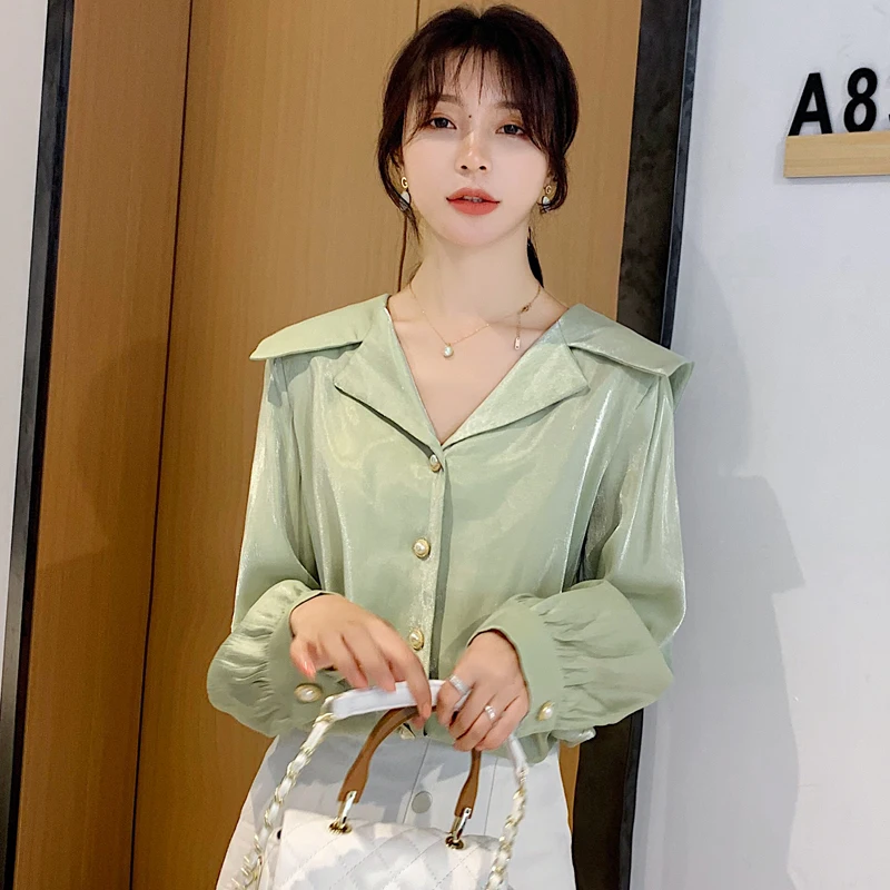

COIGARSAM Fashion Full Sleeve Shirt Womens tops New Spring Vintage Chiffon Solid Loose V-Neck Women shirts Light Green 1125