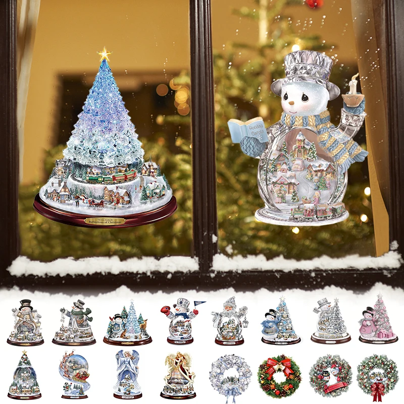 34 Type Christmas Crystal Tree Santa Claus Snowman Rotating Sculpture  Window Paste Sticker Winter New Year Party Home Decoration