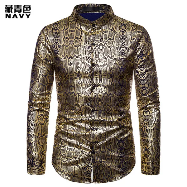 navy Модное золото, змея с принтом, рубашка для мужчин Camisa Masculina, бренд для мужчин s, приталенное платье на пуговицах, рубашка, смокинг, рубашки - Цвет: navy