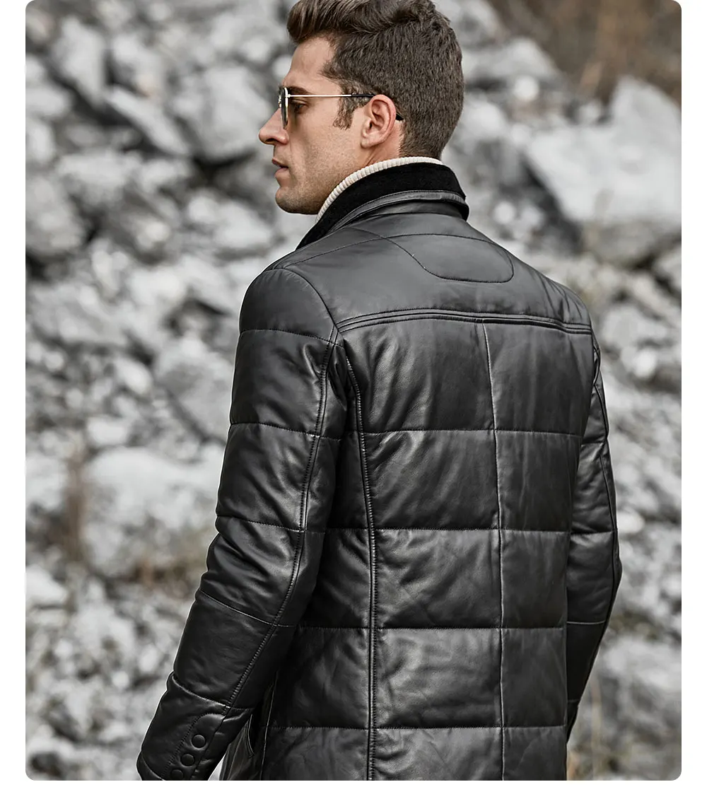 Kожаная куртка мужская пальто из настоящей шкуры ягненка FLAVOR, теплый пуховик из натуральной кожи с отложным воротником из овеьчего меха для зимы