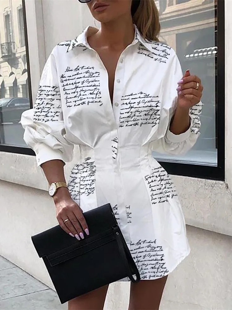 

Women Autumn Letter Print Tight Waist Shirt Dress