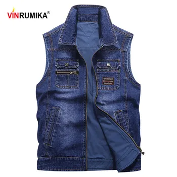 

New 2020 Men's Autumn Casual Brand Cowboy Vest Jacket Coat Spring Man 100% Cotton Fashion Zipper Denim Blue Vests Coats M-4XL