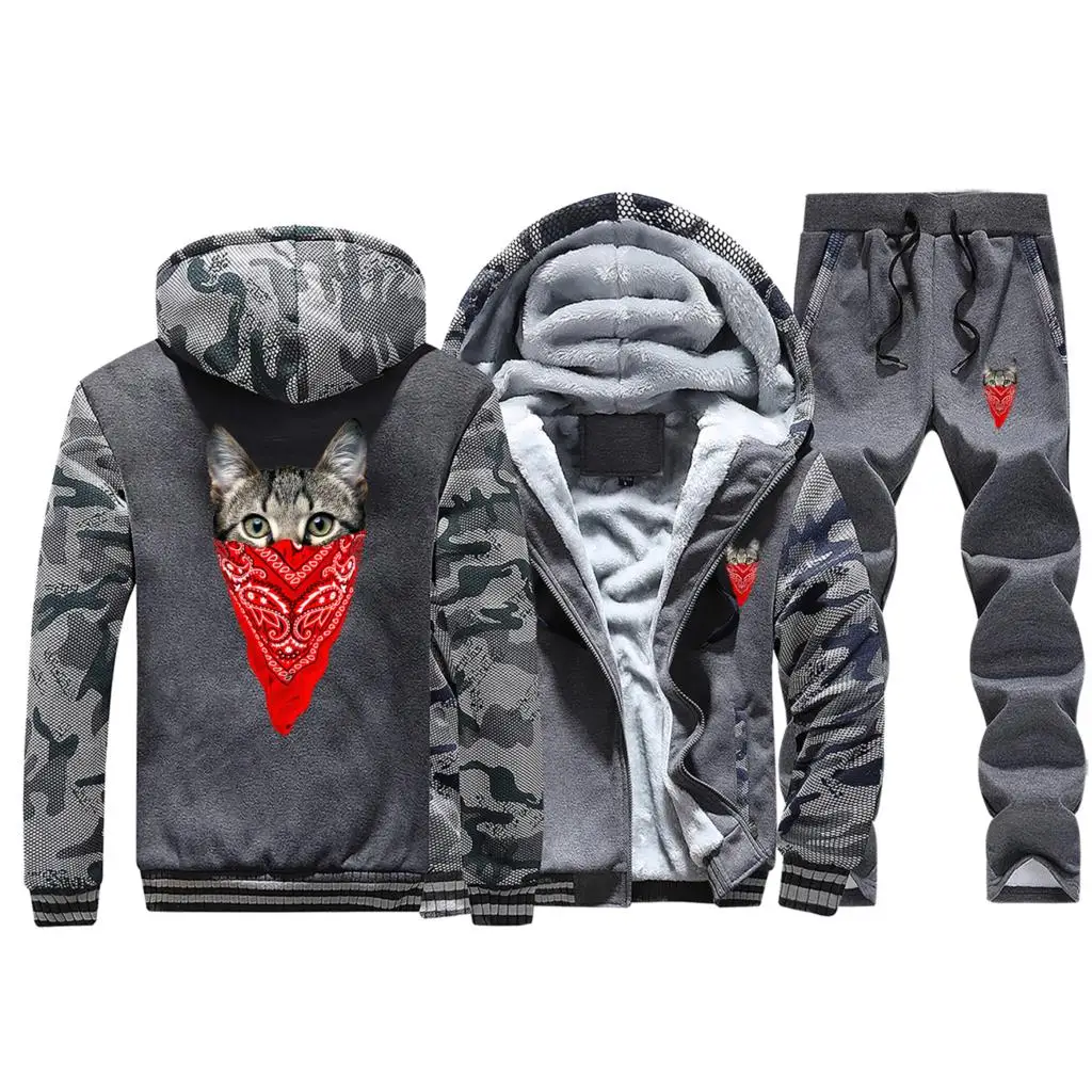 Dark Gray Winter Hot Sale Fashion Casual Streetwear Animl Cat Retro Print Mens Warm Jackets Camouflage Coat Thick+2Piece Set Pants - Цвет: Dark Gray