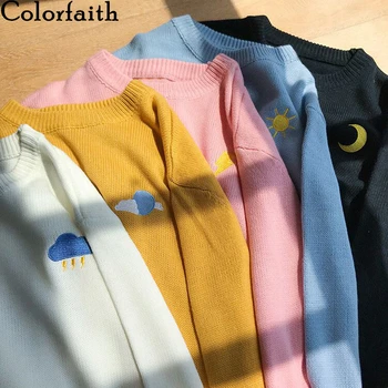 

Colorfaith New 2020 Spring Winter Women Sweater Knitted Multi Colors Loose Embroidery Korean Style Pullovers Casual Tops SW1307