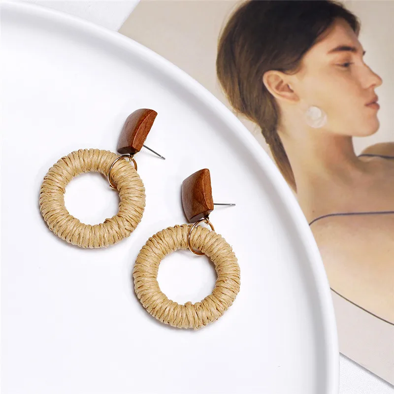 VIVILADY Boho ручной работы из натурального бамбука ротанговое плетение полый кулон женские серьги-кольца красные квадратные деревянные очаровательные ювелирные изделия Brinco