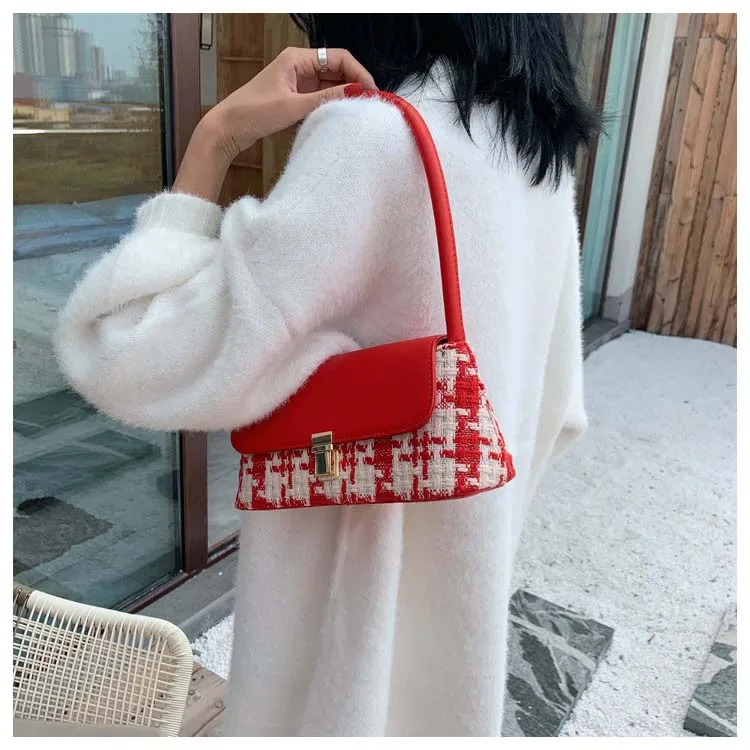 Winter Wool Plaid Small Shoulder Bag for Women Modern Handbags Mini Baguette Bags PU leather Lock Tote Black White Red Green Bag (12)
