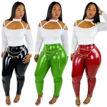 

Sexy Two Piece Set Women Halter Long Sleeve Crop Top and High Waist Leather PU Pants Set Ladies Outfits Wholesale Dropshipping
