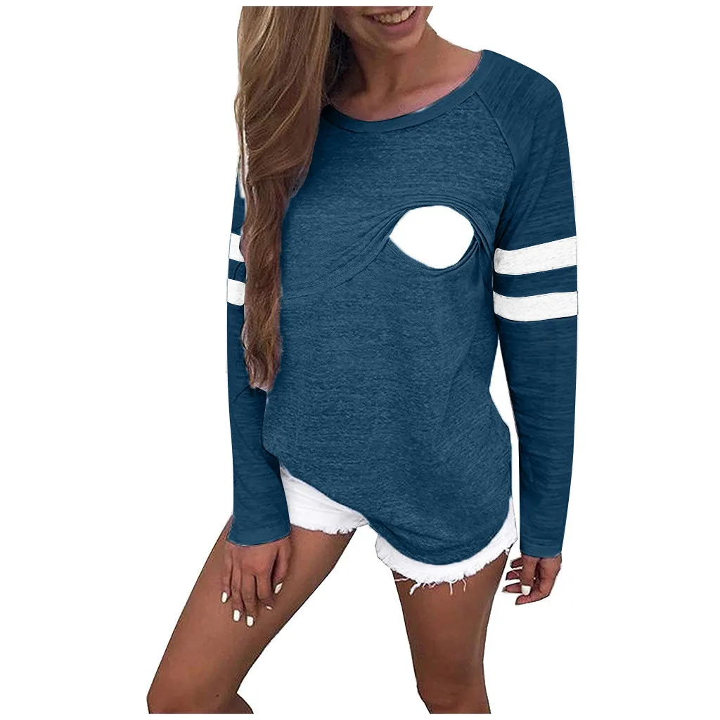 Новинка года; женская рубашка ropa de mujer; Одежда для беременных мам; Одежда для кормящих детей; футболки в полоску с длинными рукавами для беременных; jurk - Цвет: Синий