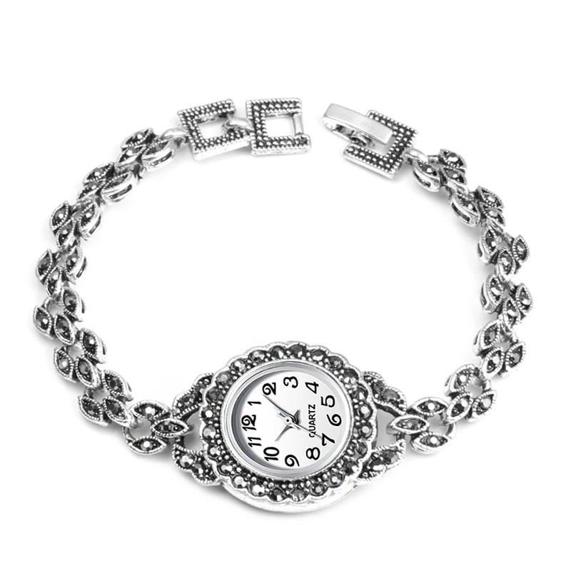 

Exquisite Crystal Floral Bracelets For Women Antique Silver Decorative Quartz Watch For Women Retro Look Turkey Jewelry 2019 New