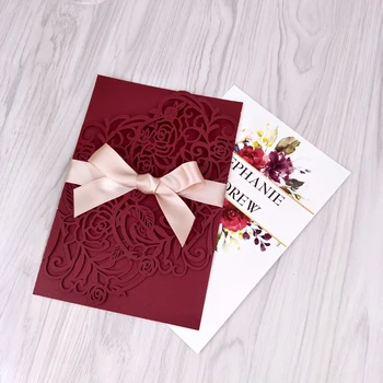 

50pc Burgundy Shiny Floral Laser Cut Wedding Invitations with Ribbon And Envelope, 2020 Printable Quinceanera Invites
