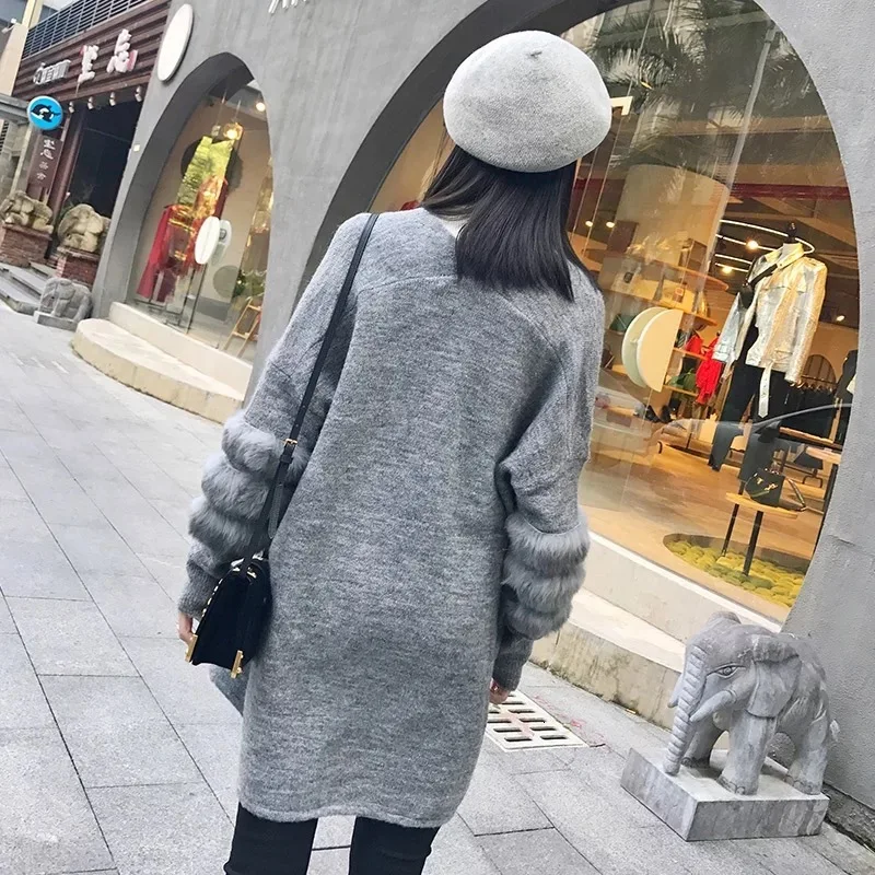 SHENGPALAE Модный осенне-зимний Кардиган с кроличьим мехом, Женский вязаный свитер в Корейском стиле с толстой секцией, FS838