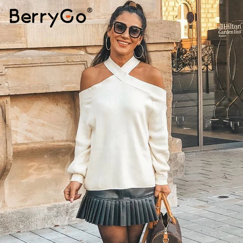BerryGo сексуальный Холтер с открытыми плечами вязаный белый свитер Женский Повседневный пуловер джемпер свитер элегантный pull femmel мягкий свитер