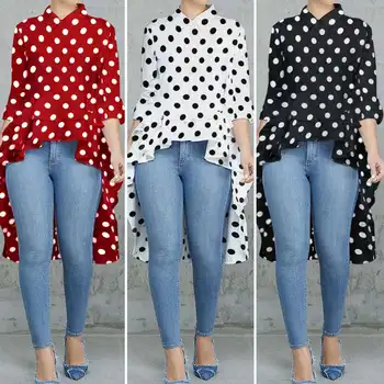 

ZANZEA Fashion Women Lapel Neck High Low Tops Asymmetrical Blouse Spring Polka Dot Shirt Female Long Sleeve Ruffles Hem Blusas