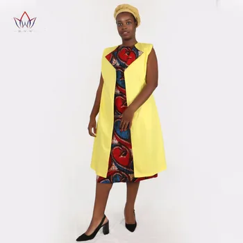 

BRW Bazin Riche African Wax Print Dashiki Bodycon Summer Dress with Long Coat Sleeveless Waistcoat Jacket & Headwrap WY1644