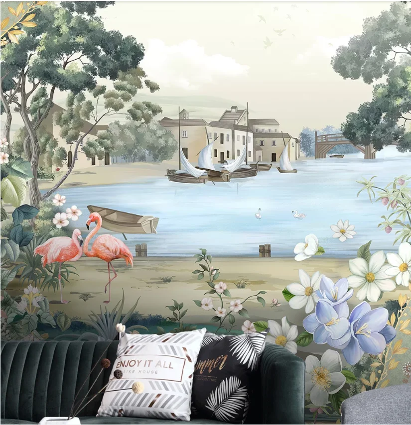 Customized medieval hand-painted tropical landscape living room bedroom background wallpaper mural | Обустройство дома